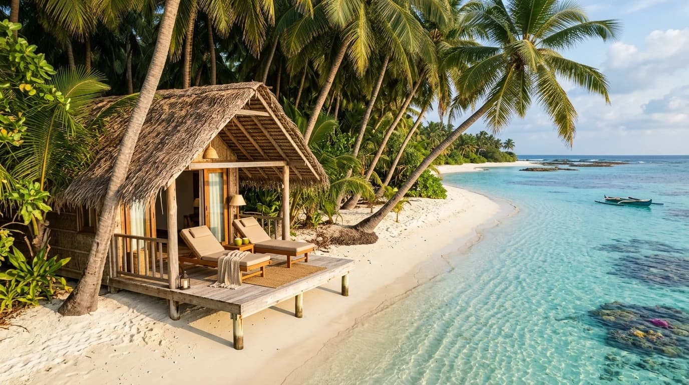 Shore House beach cottage veranda overlooking turquoise lagoon and white sand on Agatti Island, Lakshadweep