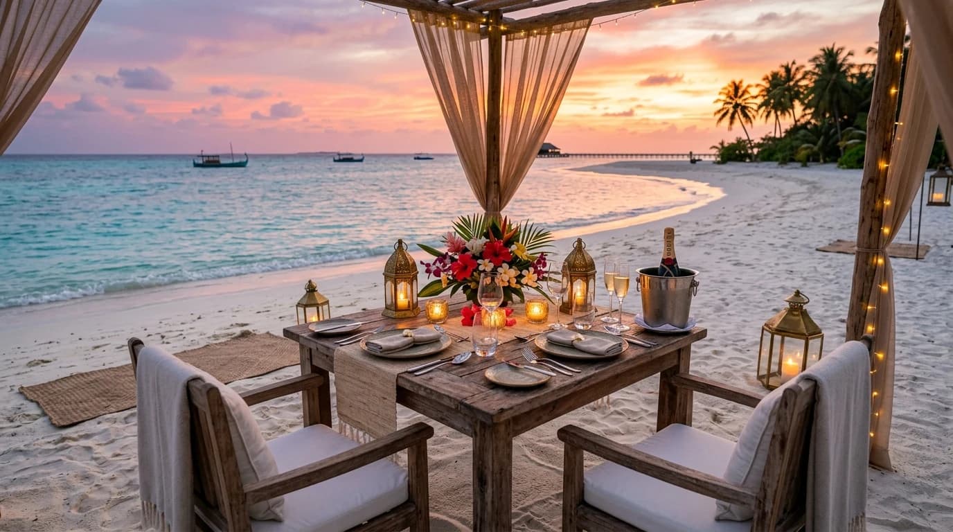 Romantic candlelit dinner table under a beach cabana with lanterns on the sand at sunset