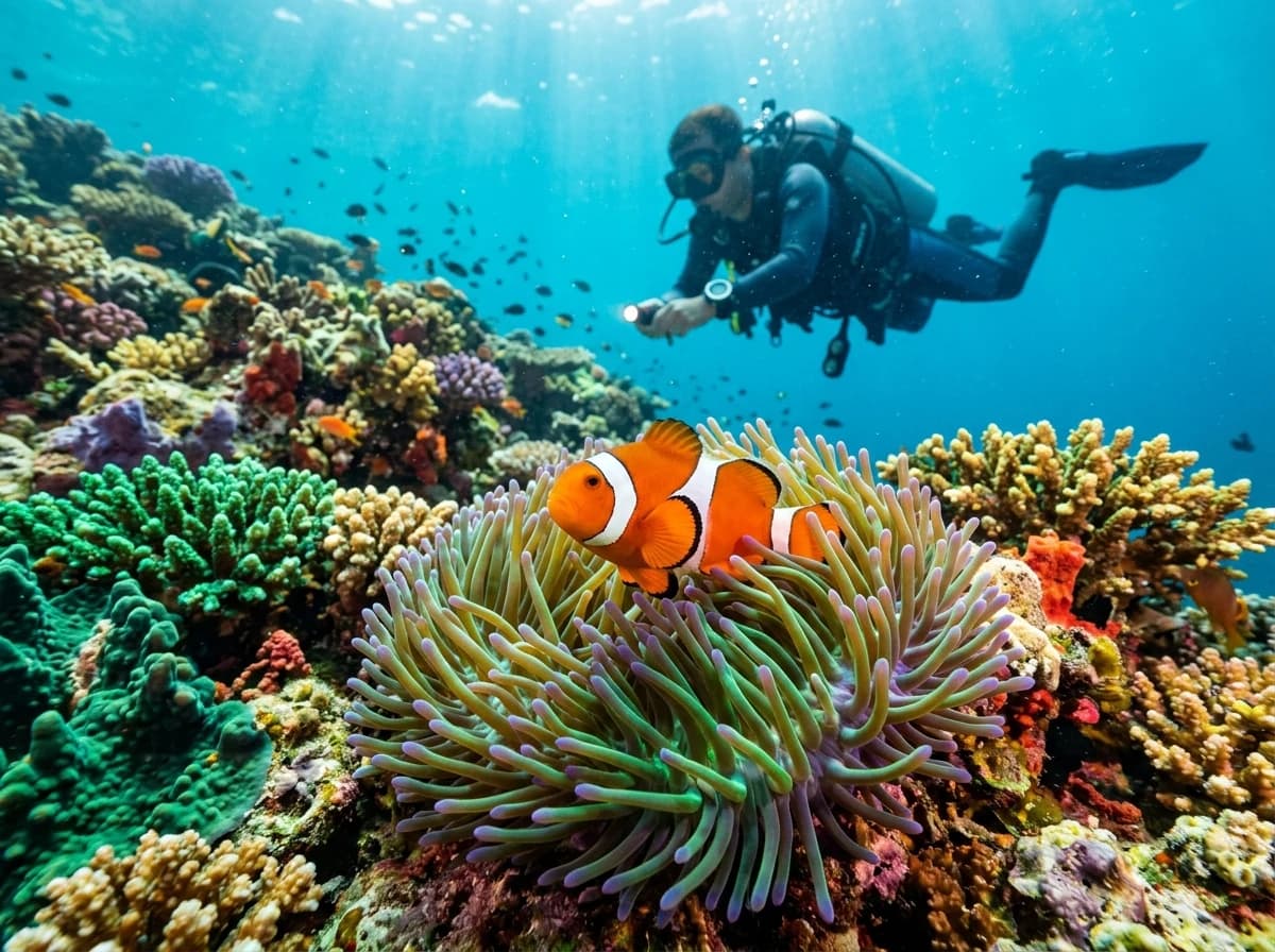 Clownfish in sea anemone with scuba diver
