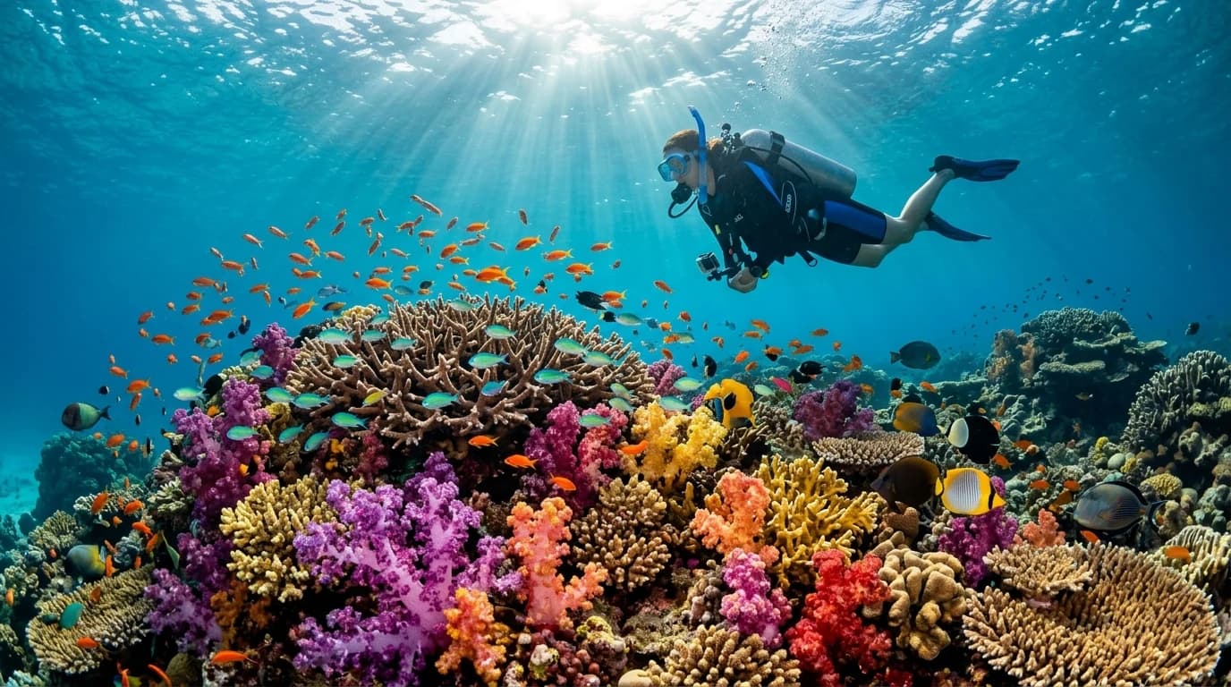 Scuba diver swimming over vibrant colorful coral reef