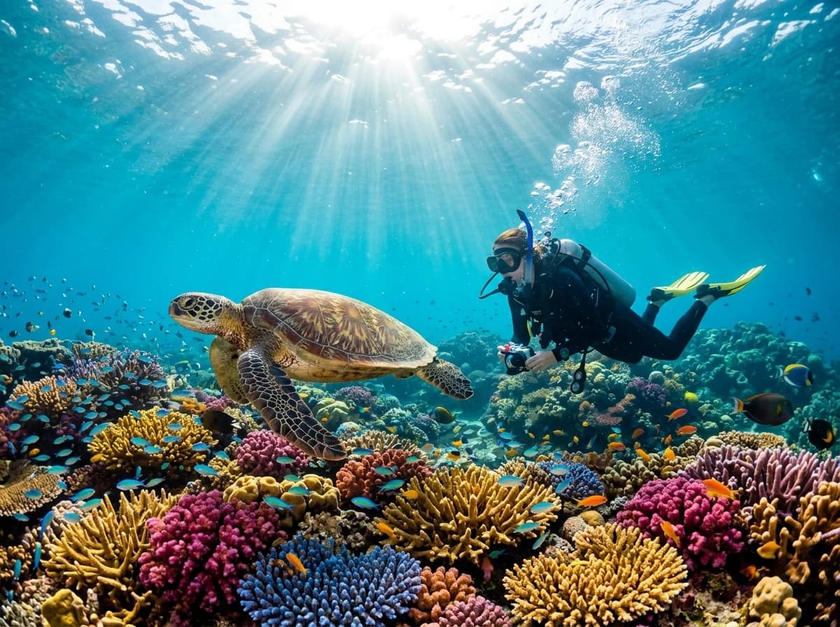 Scuba diver swimming alongside green sea turtle over radiant coral reef